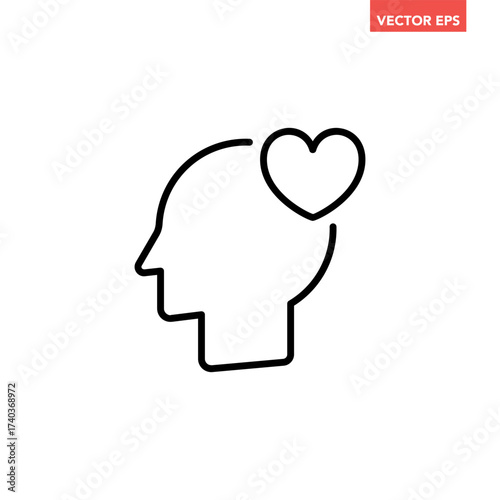 Black single love feeling in brain line icon, simple head with heart flat design vector pictogram, infographic interface elements for app logo web button ui ux isolated on white background
