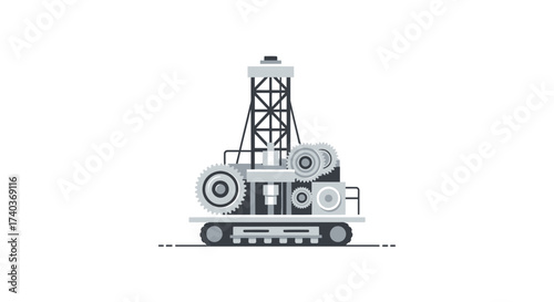 Stylized illustration of an industrial drilling rig on treads in neutral tones