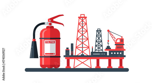 Stylized Illustration of an Oil Rig, Crane and Fire Extinguisher on Isolated Background