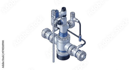 Stylized illustration of complex industrial pipeline valve mechanism