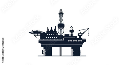 Stylized Oil Rig Silhouette with Helicopter Pad and Derrick Structure