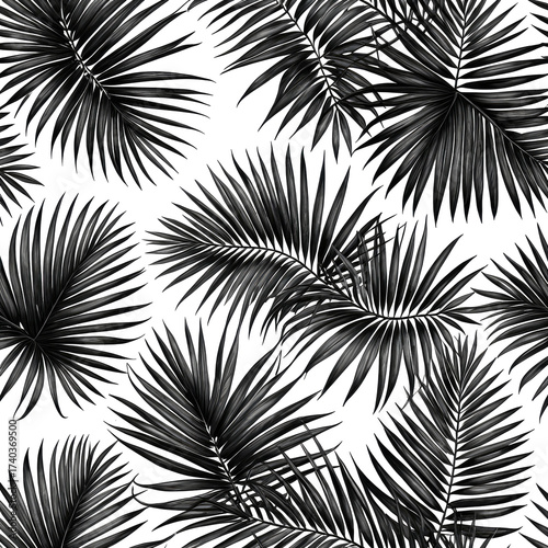 Black tropical palm leaves, seamless pattern on dark background