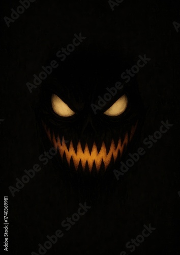 Eerie glowing eyes, sinister smile.