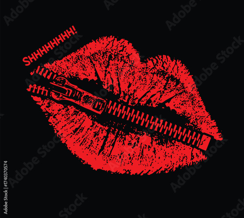 Vector illustration of red lips with a zipper across them and “Shhhhhh!” text. Symbolic design representing silence, secrecy, and mystery.