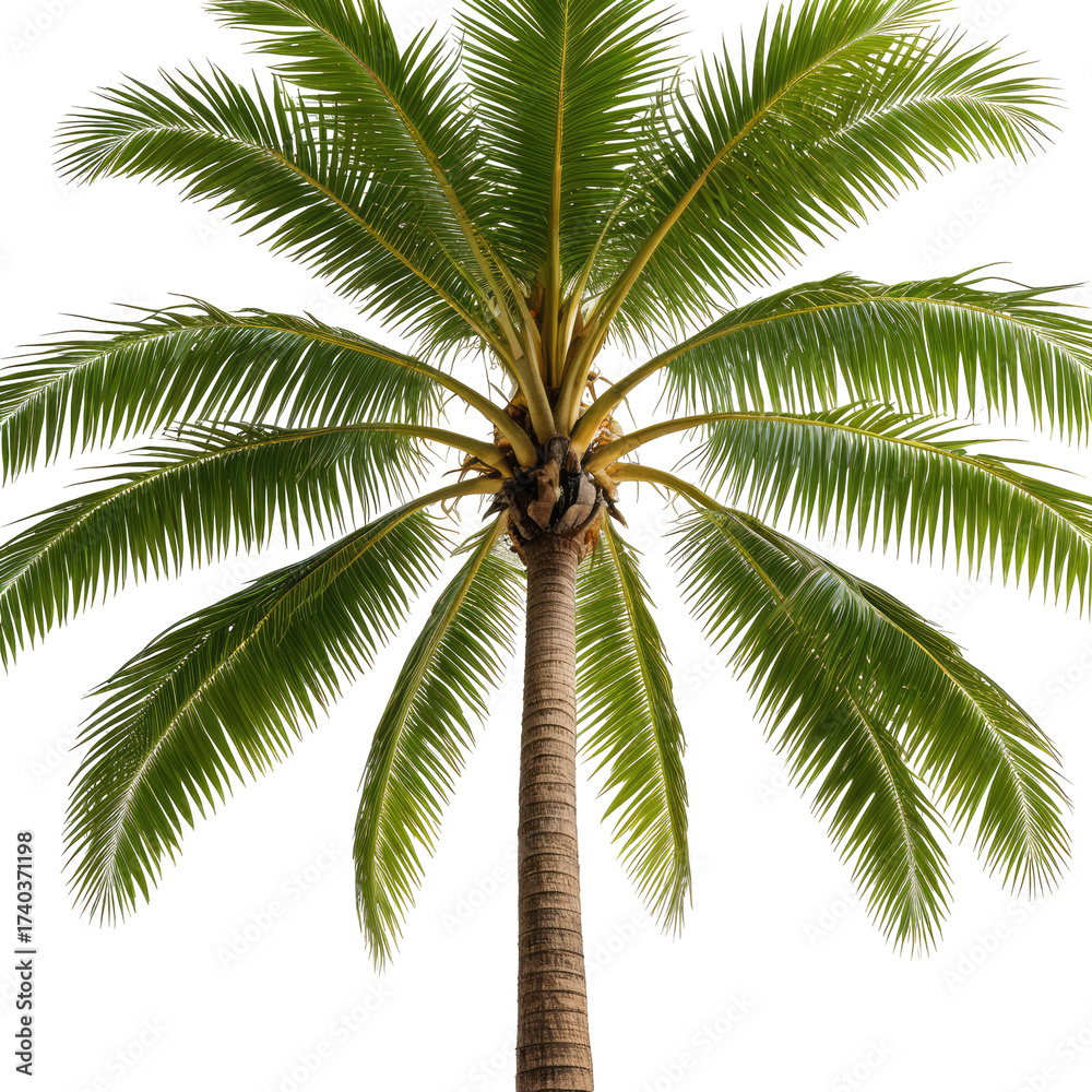 Fototapeta premium A tropical palm tree with lush green fronds, isolated on a black background