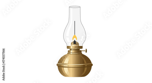 Antique brass oil lamp with a flame illuminates the isolated background