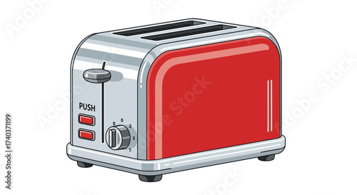 Cartoon illustration of a retro-styled red and silver toaster appliance