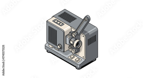 Detailed isometric illustration of retro film projector on white backdrop