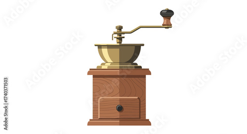 Isolated antique-style coffee mill with wooden base and golden components