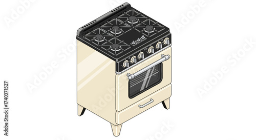 Isolated retro gas stove illustration in isometric view on white background