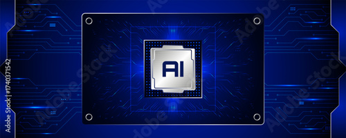AI Chip Innovation: A stylized depiction of an AI chip at the core, set within a motherboard grid, symbolizes the essence of cutting-edge technological advancement.