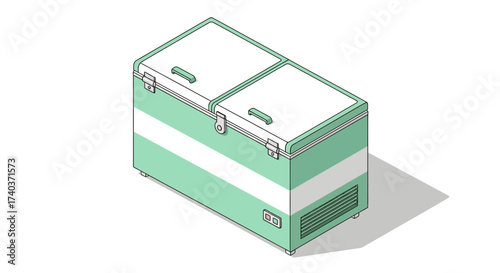 Isometric illustration of a modern chest freezer with pastel tones
