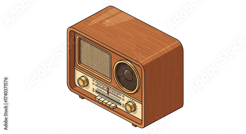 Isometric Illustration of a Classic Wooden Radio with Detailed Features