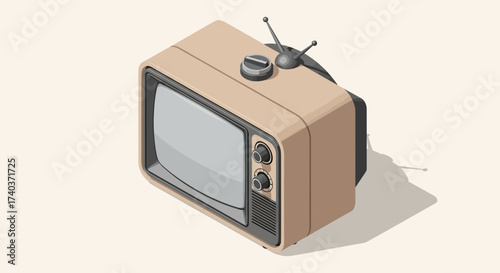 Isometric retro television illustration with antenna on beige background