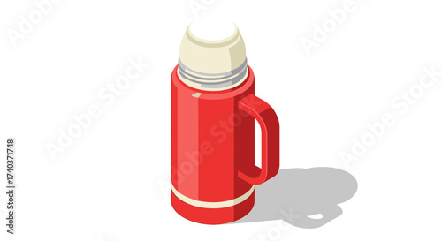 Isometric red thermos with handle used for hot or cold drinks isolated