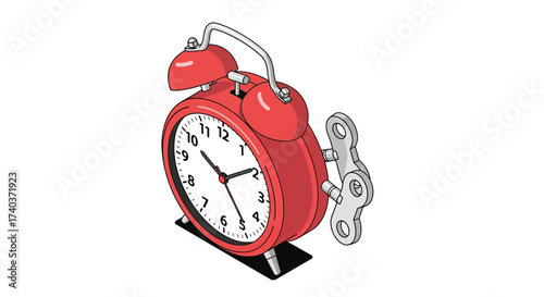 Retro Alarm Clock with Winding Key, Isolated Illustration Style Graphic