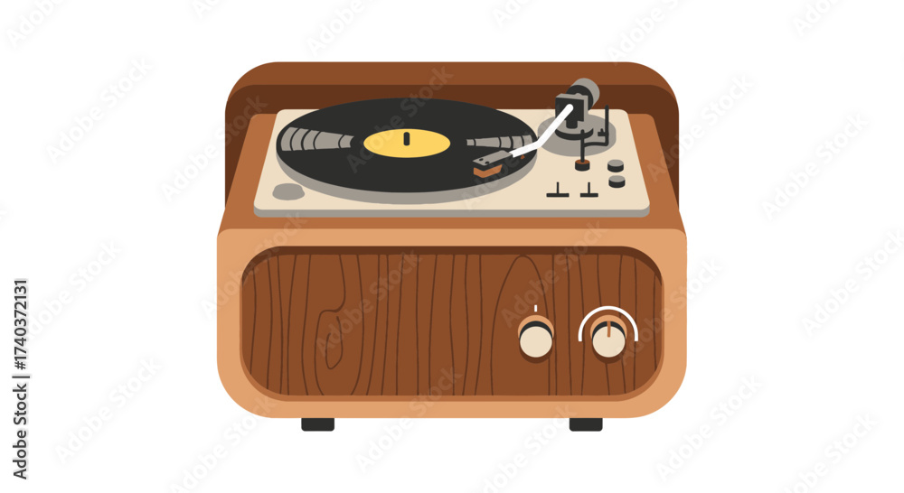 Fototapeta premium Stylish Retro Record Player Illustration with Wooden Aesthetic and Vinyl Disc