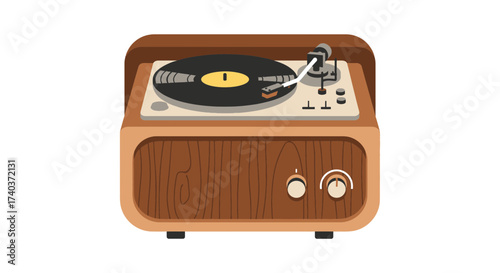 Stylish Retro Record Player Illustration with Wooden Aesthetic and Vinyl Disc