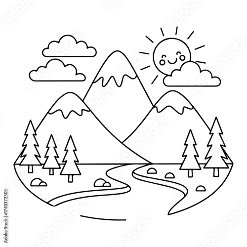 Simple minimal vector art line of mountains and sky doodle children's storybook style on transparent background.