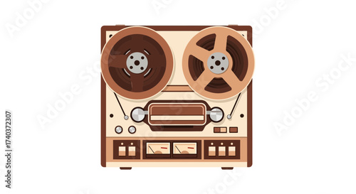 Stylized vector illustration of an vintage reel to reel audio tape recorder