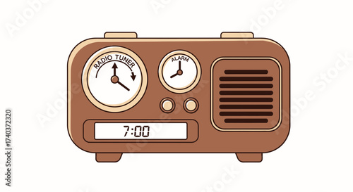 Stylized vintage radio receiver with alarm clock isolated on white backdrop
