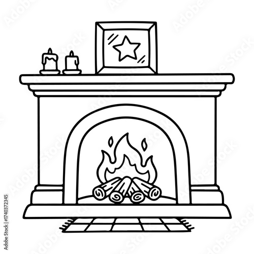 Simple minimal vector art line of children's storybook style doodle fireplace on transparent background.