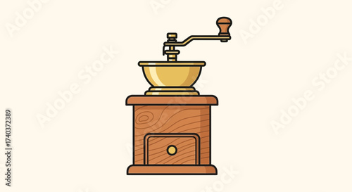 Vintage coffee grinder illustration with handle for aromatic flavor grinding