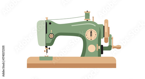 Vintage Sewing Machine with Hand Crank on White Background Illustration