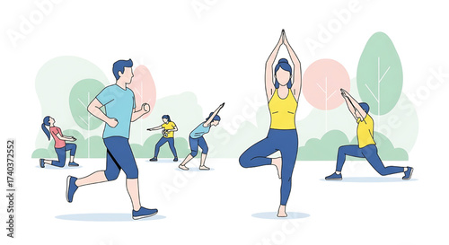 Diverse group of people engaging in various outdoor fitness activities like running, yoga, and stretching in a park setting