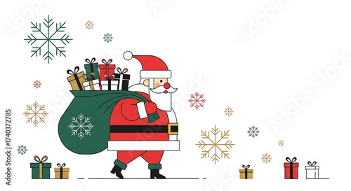 Santa Claus carrying a sack full of presents and walking through snowflakes, Christmas illustration