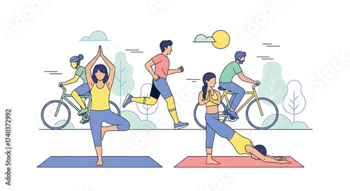 Healthy Lifestyle Vector Illustration of People Exercising Outdoors - Yoga, Running, Cycling
