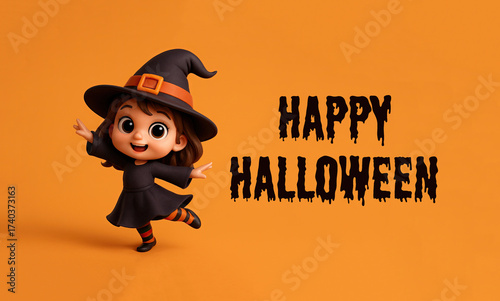 Cute Cartoon Girl Dressed as a Witch Dancing with the Words Happy Halloween