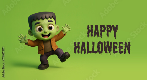 Cute Cartoon Boy Dressed as a Monster Dancing with the Words Happy Halloween