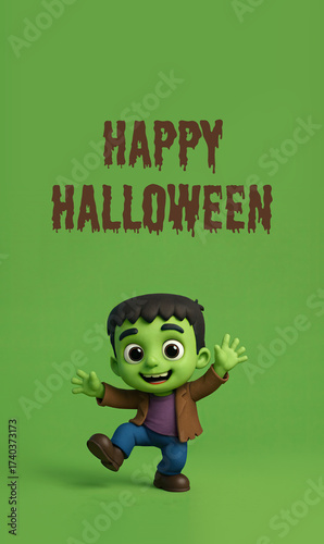 Cute Cartoon Boy Dressed as a Monster Dancing with the Words Happy Halloween