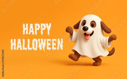 Dog Dressed as a Ghost for Halloween Dancing on an Orange Background