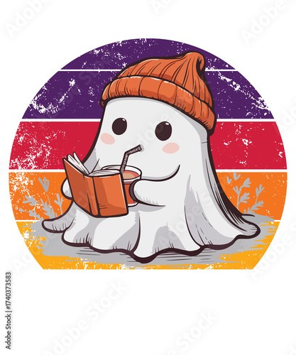Kawaii Cozy Ghost Reading and Drinking Coffee Retro Aesthetic Drawing