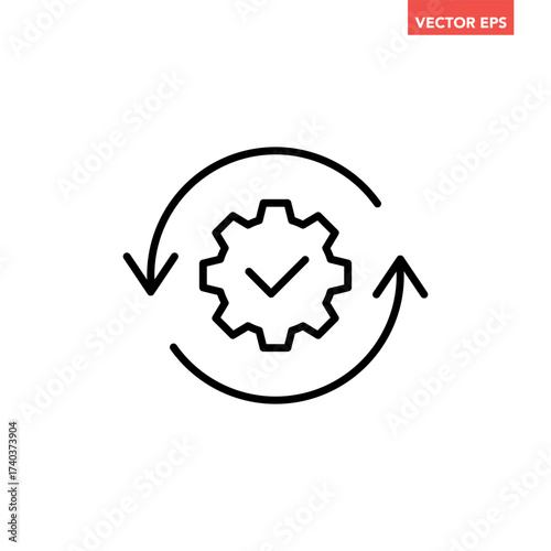 Black single round gear update confiremed line icon, simple cogwheel process flat design vector pictogram, infographic interface elements for app logo web button ui isolated on white background