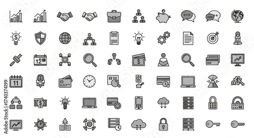 Monochrome Business and Finance Icon Set for Commercial Use