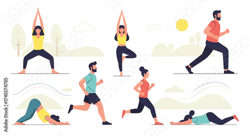 Healthy lifestyle illustration depicting various exercises, including yoga, running, and stretching in a park setting