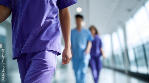 Healthcare professionals in scrubs walking in hospital, teamwork in modern medicine healthcare professionals scrubs, hospital teamwork, doctors nurses walking, medical staff corrid