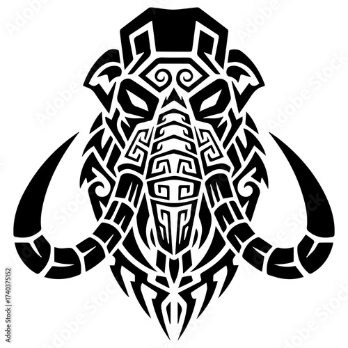 Tribal Black and White Mammoth Head Illustration – Fierce Symmetrical Tattoo Design