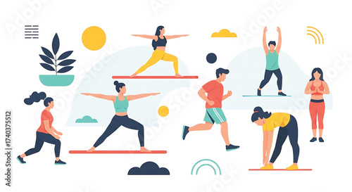 Diverse group of people staying active, performing various exercises like yoga, running, and stretching, promoting a healthy and energetic lifestyle through fitness and movement