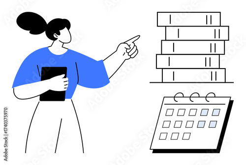 Woman pointing at stacked files while holding a notepad, with a calendar nearby. Ideal for organizing, task management, scheduling, planning, workflow, deadlines office productivity. Simple flat