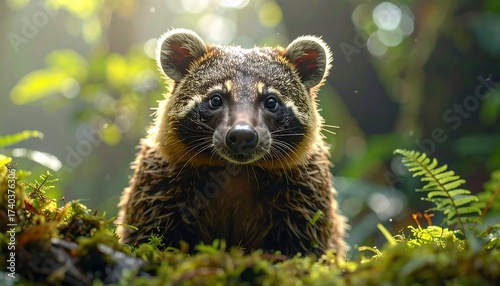 A close-up of a curious, masked coati peering out from lush foliage