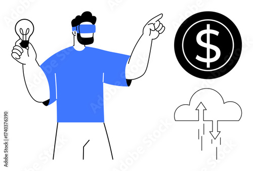 Man with VR headset holds lightbulb and points to dollar symbol, representing innovation, virtual reality, cloud computing, finance, growth, technology, and creativity. Ideal for startups fintech