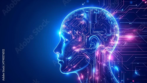 Digital Human Head Profile with Circuit Board Pattern Glowing Blue And Pink Lights Against Dark Blue Background