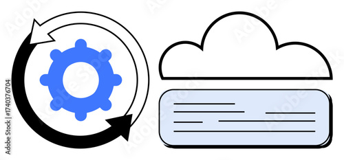 Gear surrounded by arrows indicating synchronization beside a cloud symbol with text representing stored data. Ideal for automation, cloud computing, data backup, synchronization, technology