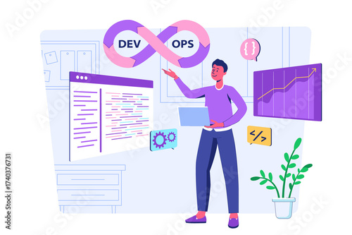 Man Explaining Transparent DevOps Model with Pink and Purple Infinity Loop in Transparent Background