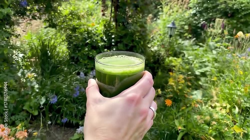 Hand Holding Glass Of Green Juice In A Blooming Garden With Daylight