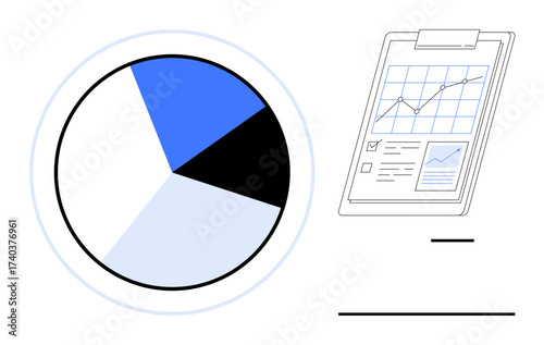 Pie chart with color segments beside clipboard showing line chart and checklist highlights analytics, performance, data analysis, statistical trends, and project planning. Ideal for business